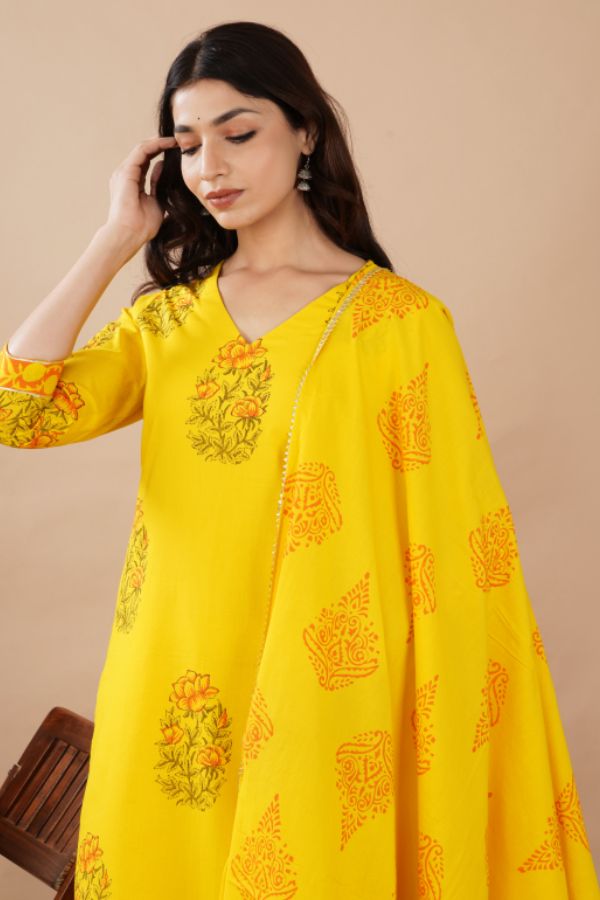 Yellow Printed Kurta Set