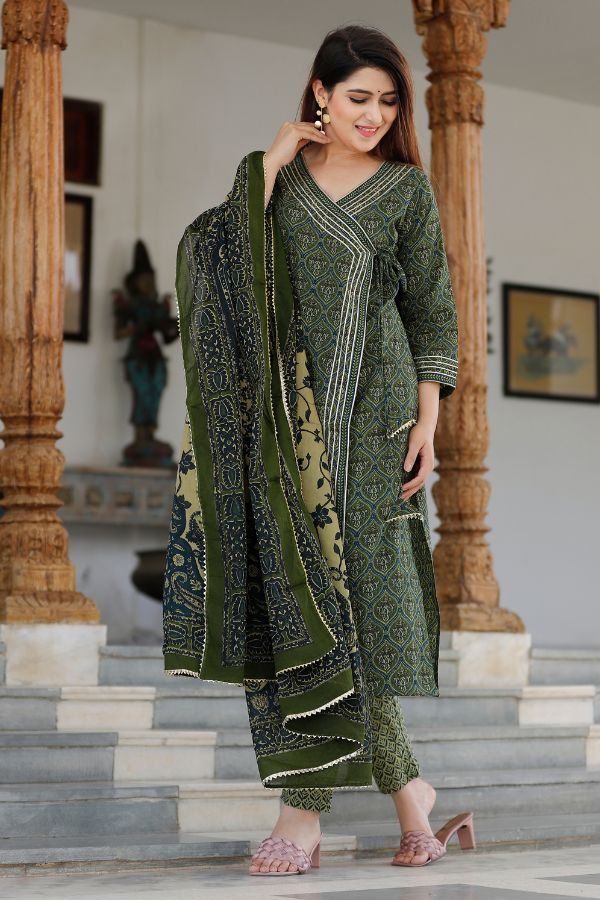 Dark Green Floral Printed Angrakha Kurta Set