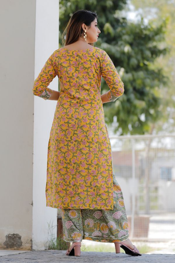 Mustard Hand Block Printed Kurta Set