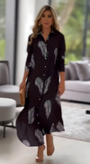 Leaf Printed Crepe Shirt Style Maxi Dress