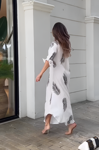 Leaf Printed Crepe Shirt Style Maxi Dress