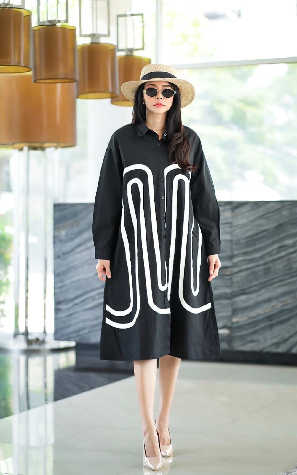 Bold Black Shirt Dress with Abstract White Line Art – Modern & Minimalist