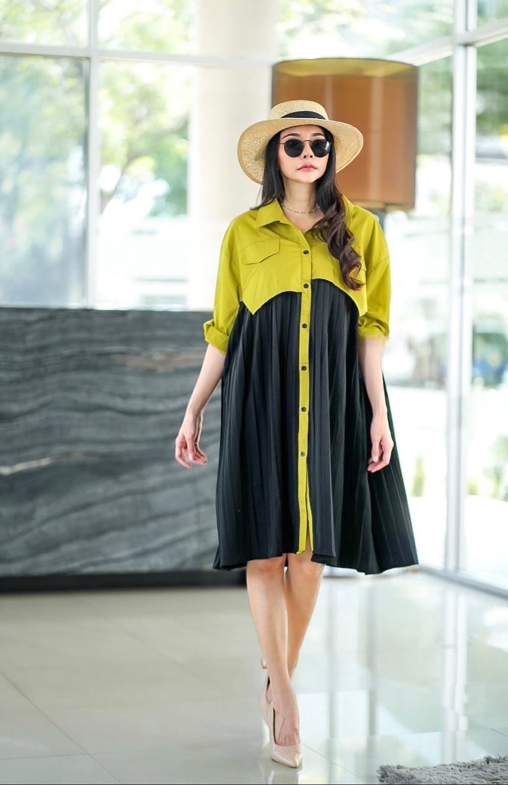 Two-Tone Button-Down Midi Shirt Dress