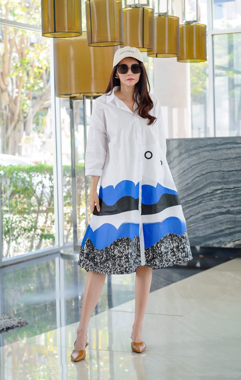 Abstract Wave Print Oversized Shirt Dress