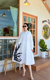 Beige Oversized Graphic Print Shirt Dress