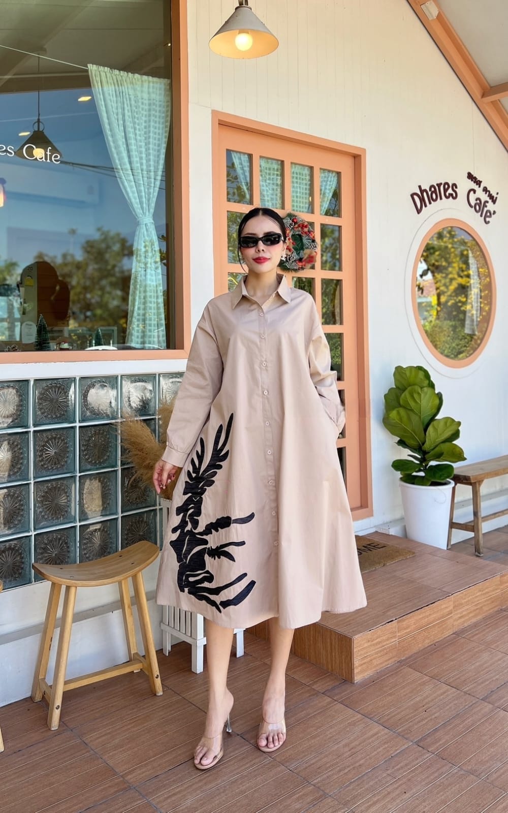 Beige Oversized Graphic Print Shirt Dress