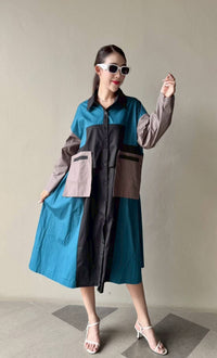 Oversized Geometric Color Block Shirt Dress