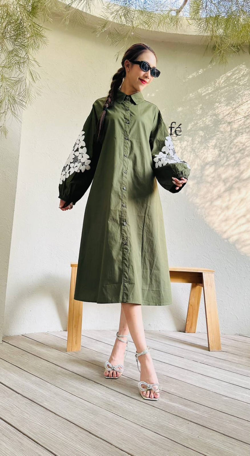 Chic A-Line Utility Shirt Dress with Floral Sleeves
