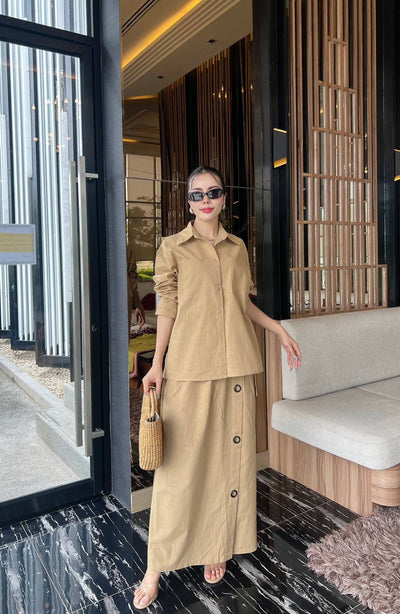 Women’s Solid Linen Blend Shirt & Wide-Leg Co-Ord Set