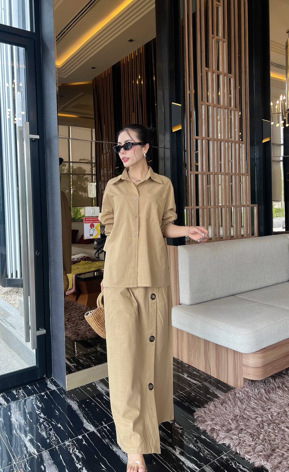 Women’s Solid Linen Blend Shirt & Wide-Leg Co-Ord Set