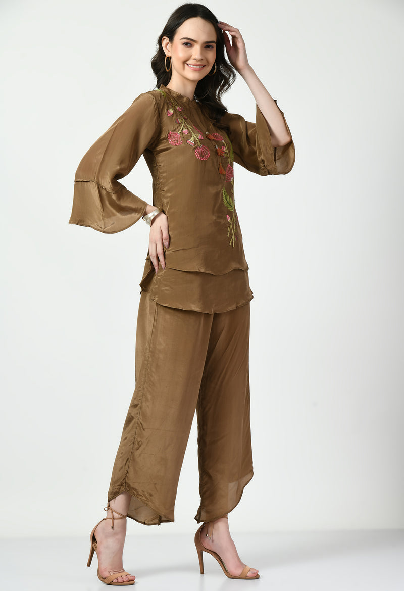 Brown Hand Embroidery Co-ord Set