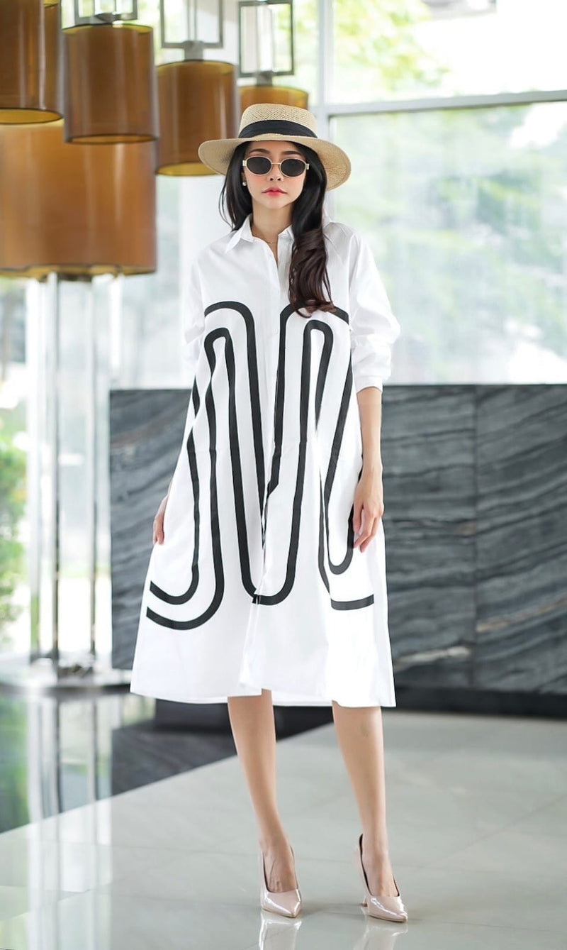 Bold Shirt Dress with Abstract Line Art – Modern & Minimalist - Navvi.in