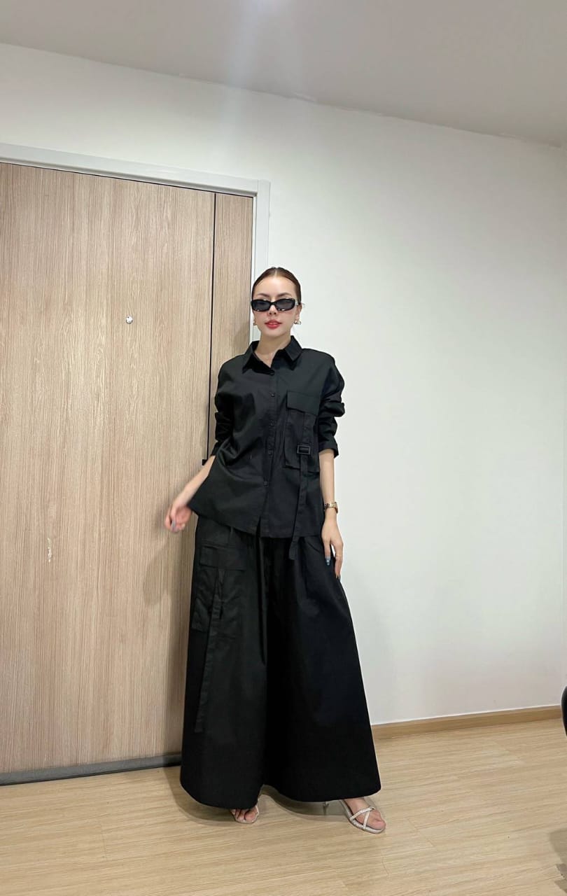 Modern Solid Utility Co-Ord Set with Relaxed Wide-Leg Pants