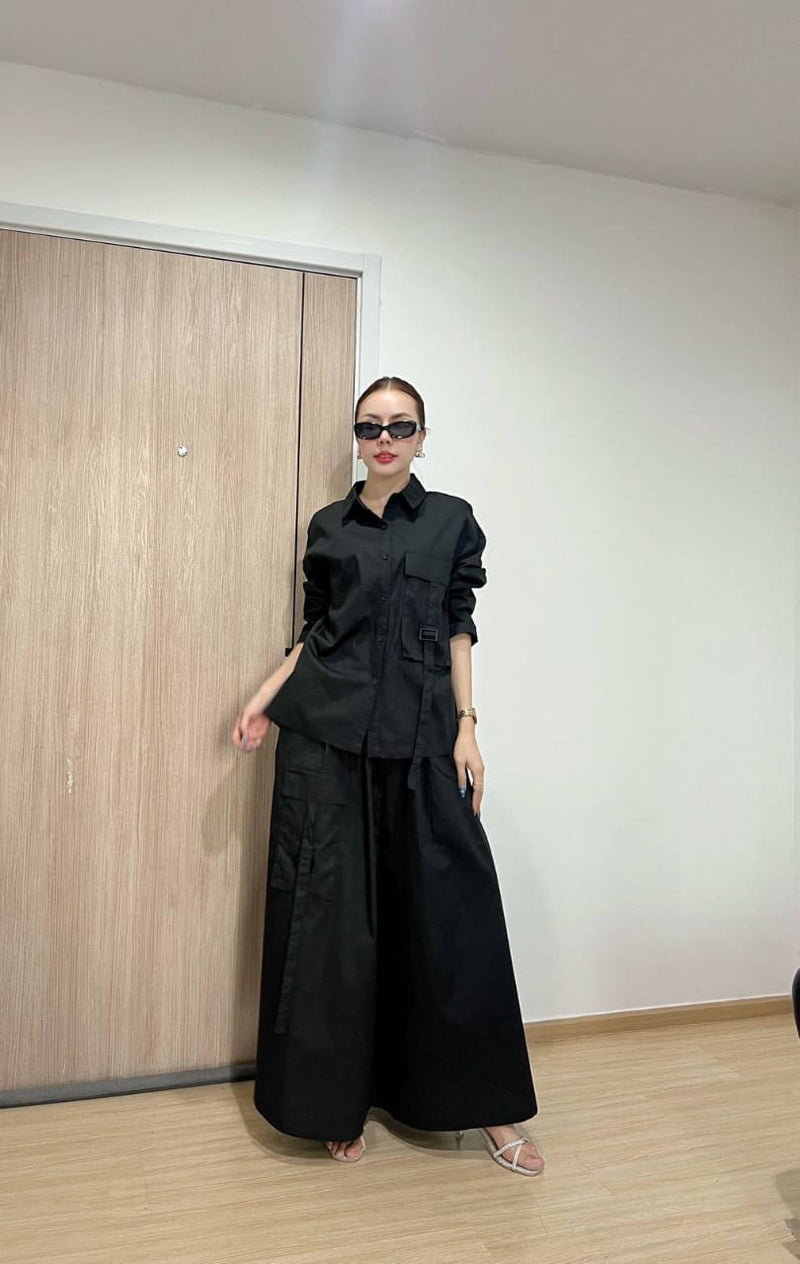 Modern Solid Utility Co-Ord Set with Relaxed Wide-Leg Pants - Navvi.in