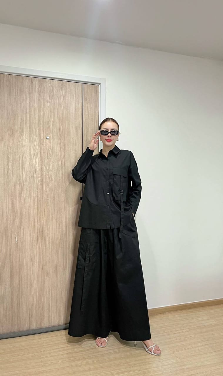 Modern Solid Utility Co-Ord Set with Relaxed Wide-Leg Pants