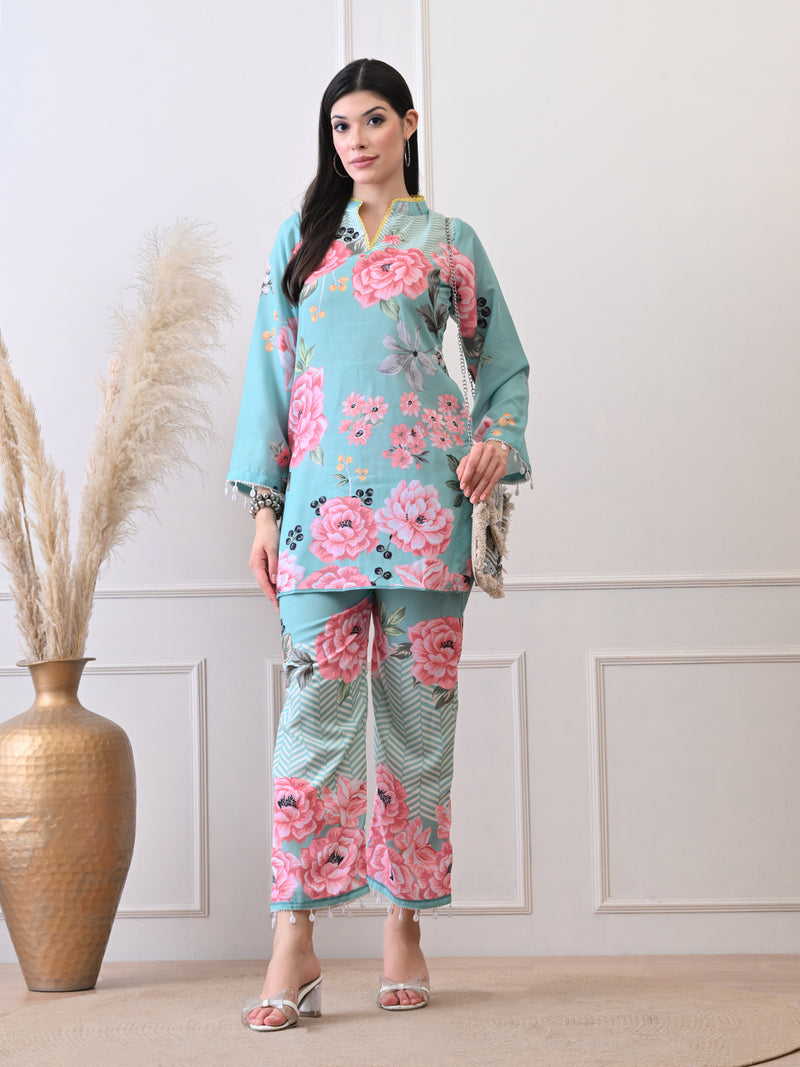 Mint Green Floral Printed Co-ord Set for Women