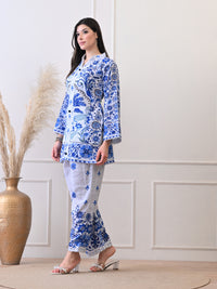 Blue & White Floral Printed Co-ord Set for Women