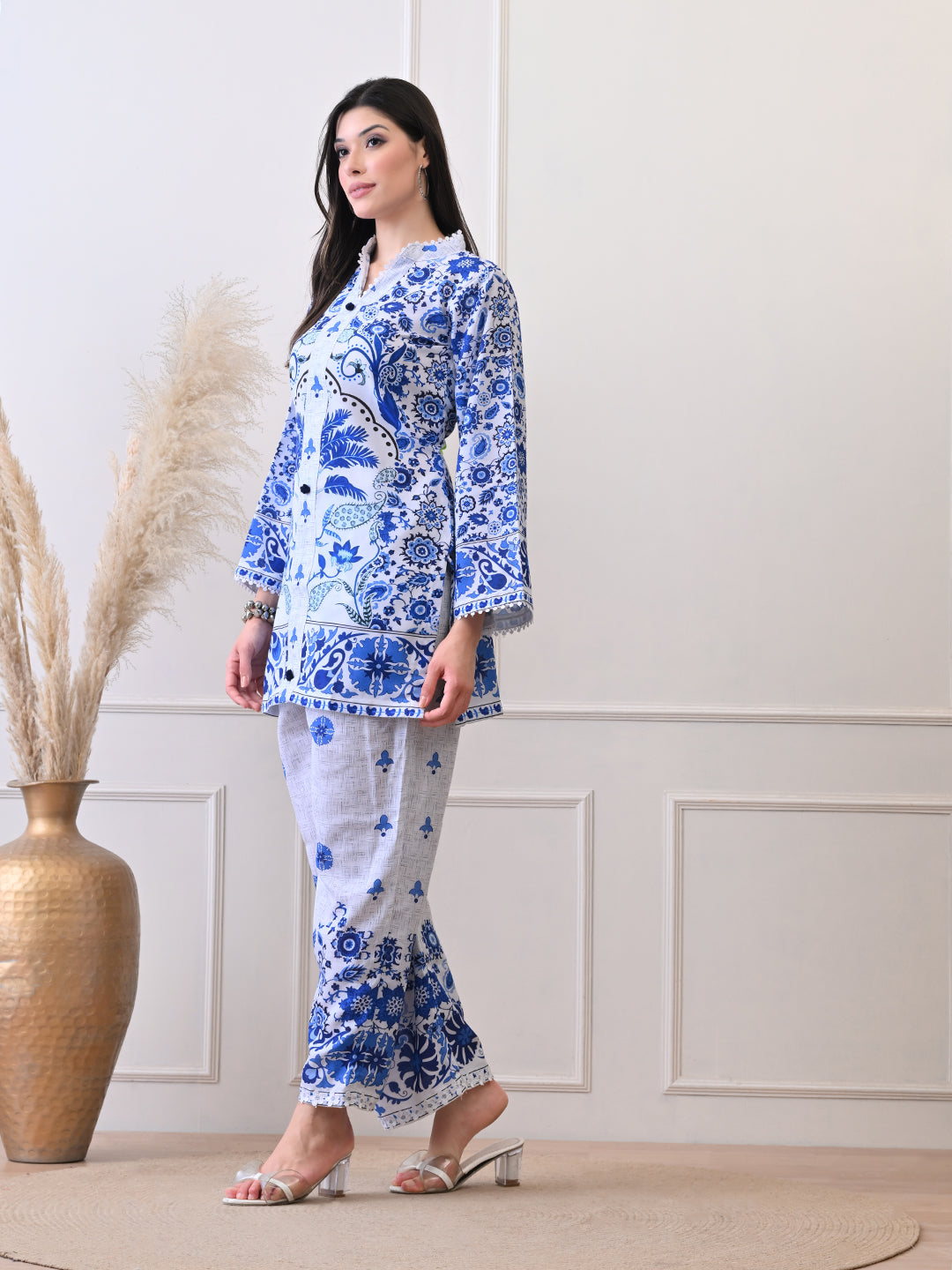 Blue & White Floral Printed Co-ord Set for Women
