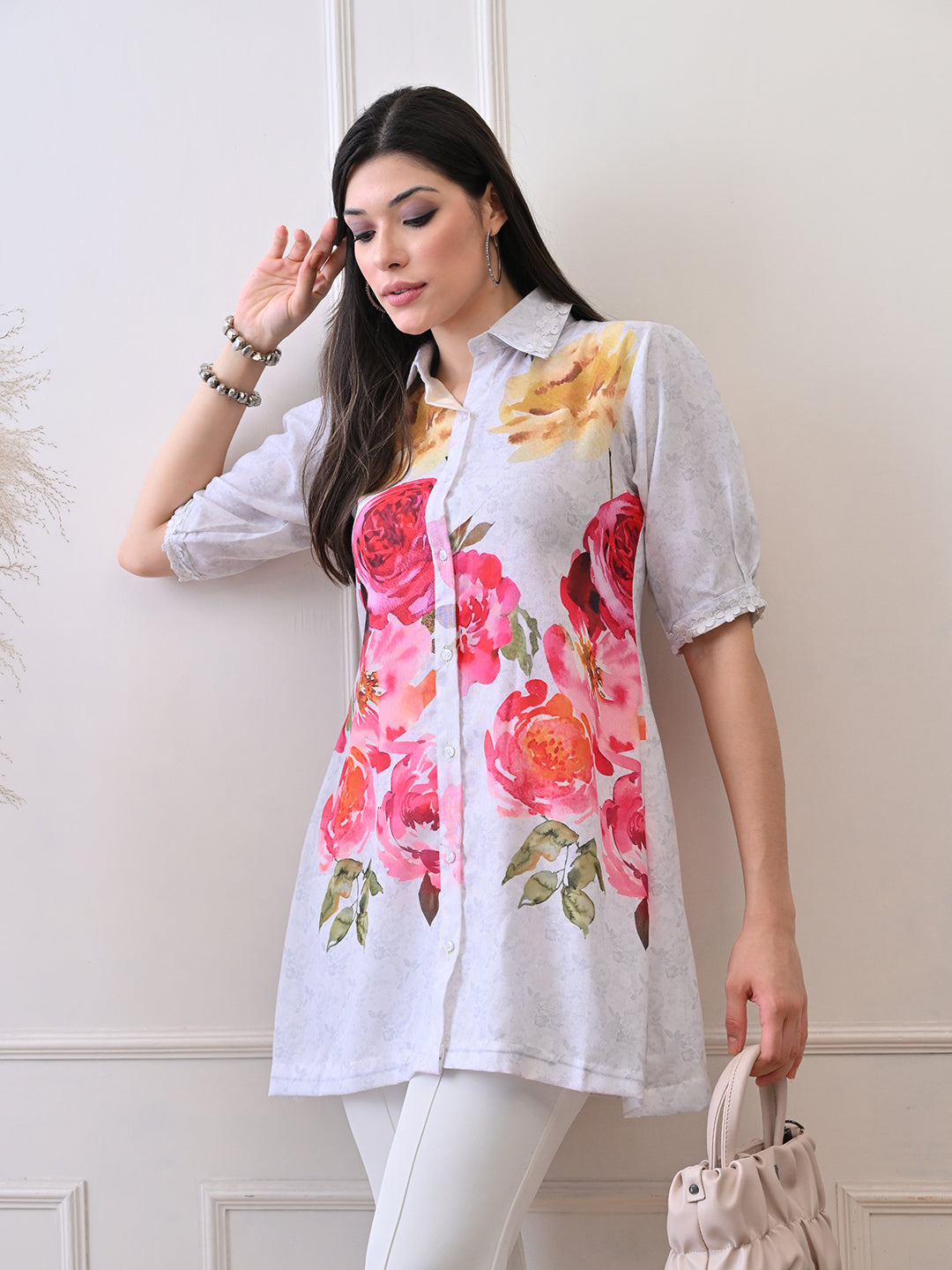 Petal Glow White Shirt in Pure Cotton Mulmul
