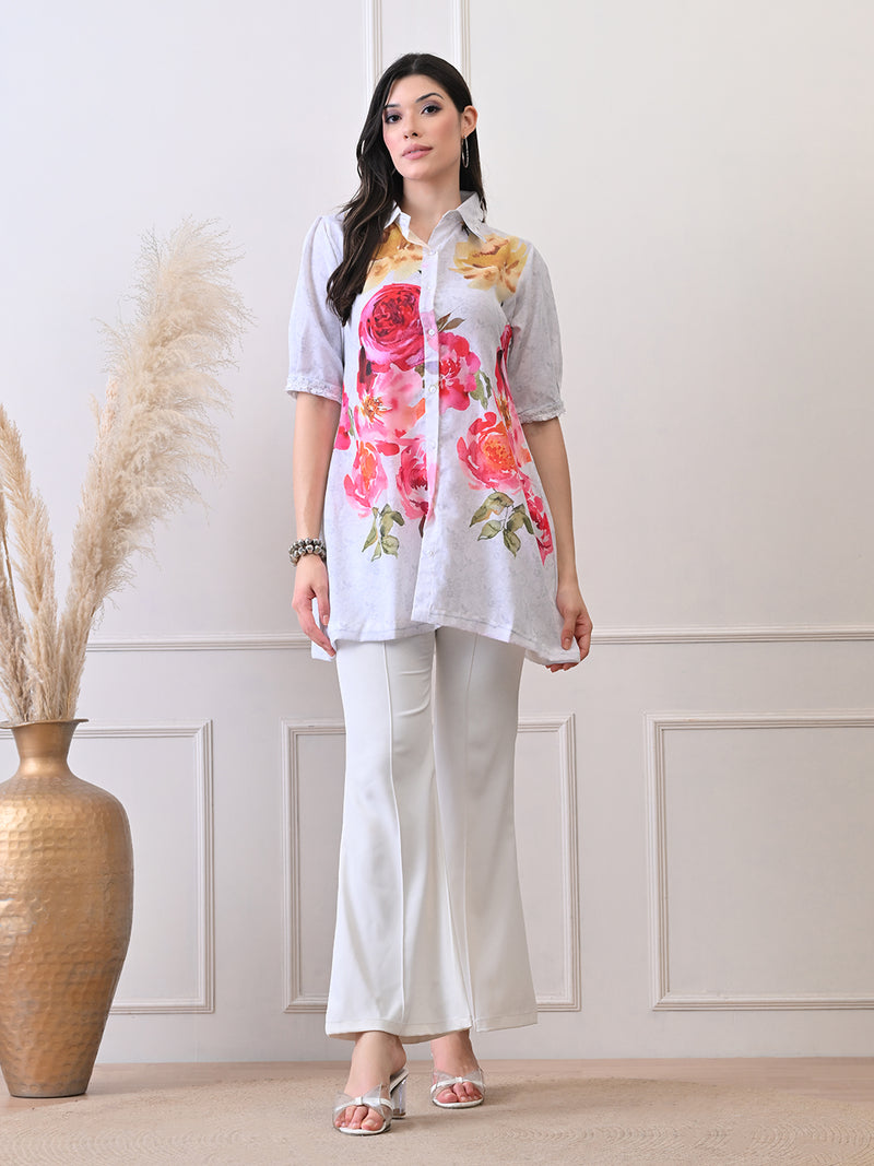 Petal Glow White Shirt in Pure Cotton Mulmul