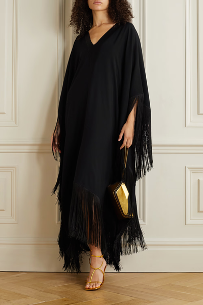 Black V-Neck Fringe Kaftan Dress | Navvi