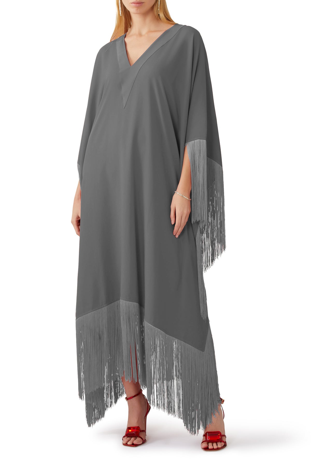 Grey V- Neck Fringe Kaftan Dress