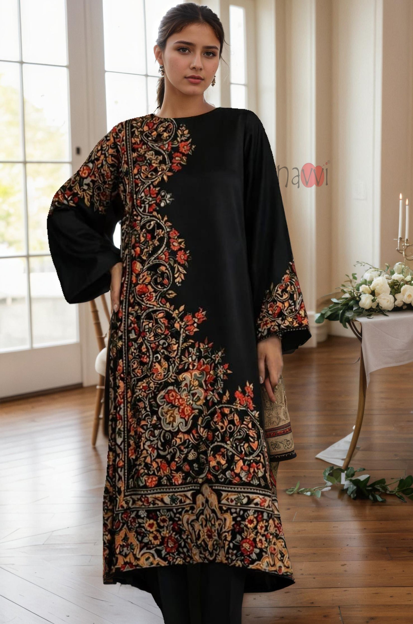 Black Opulence Floral Kurta Set