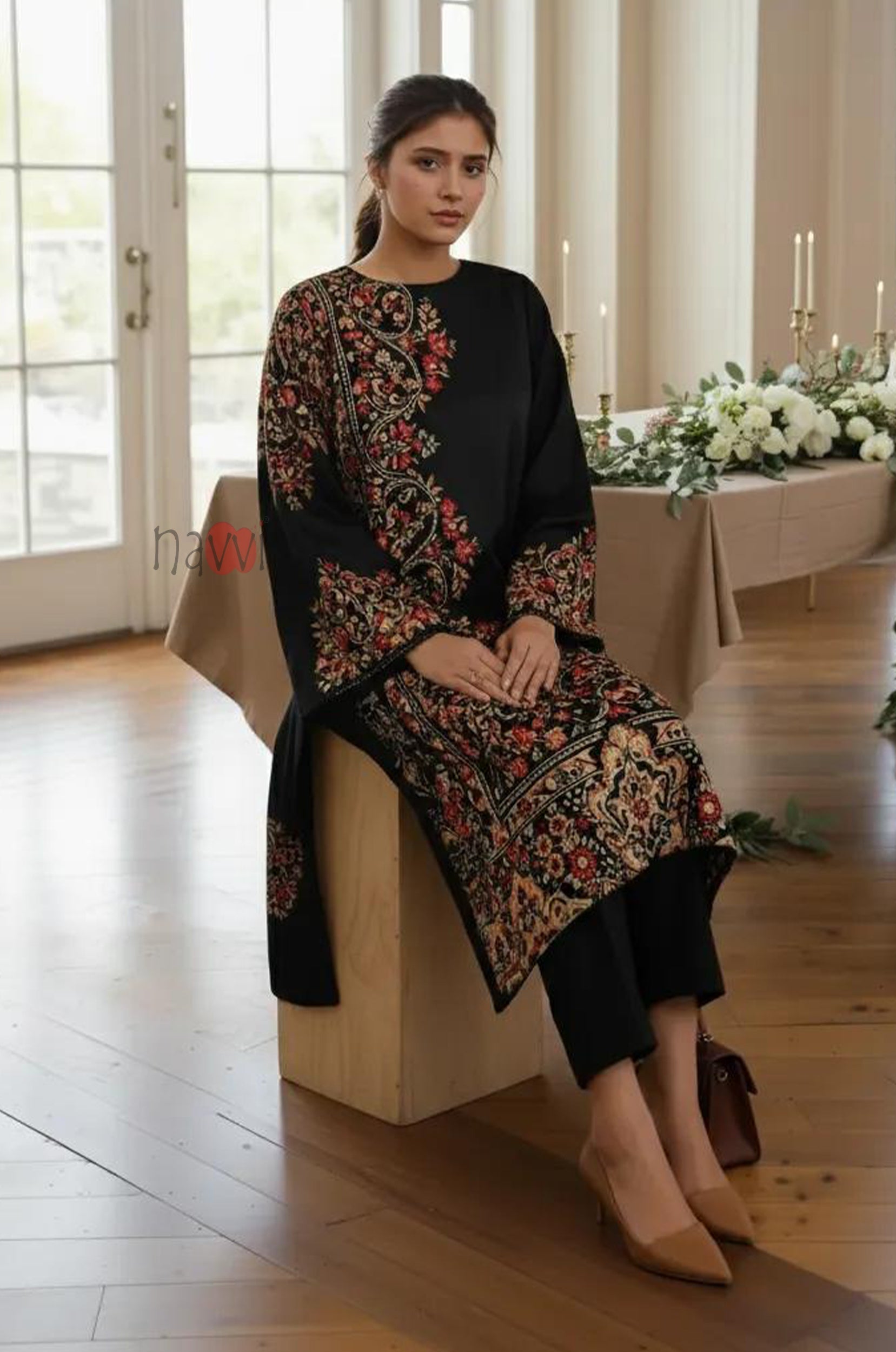 Black Opulence Floral Kurta Set