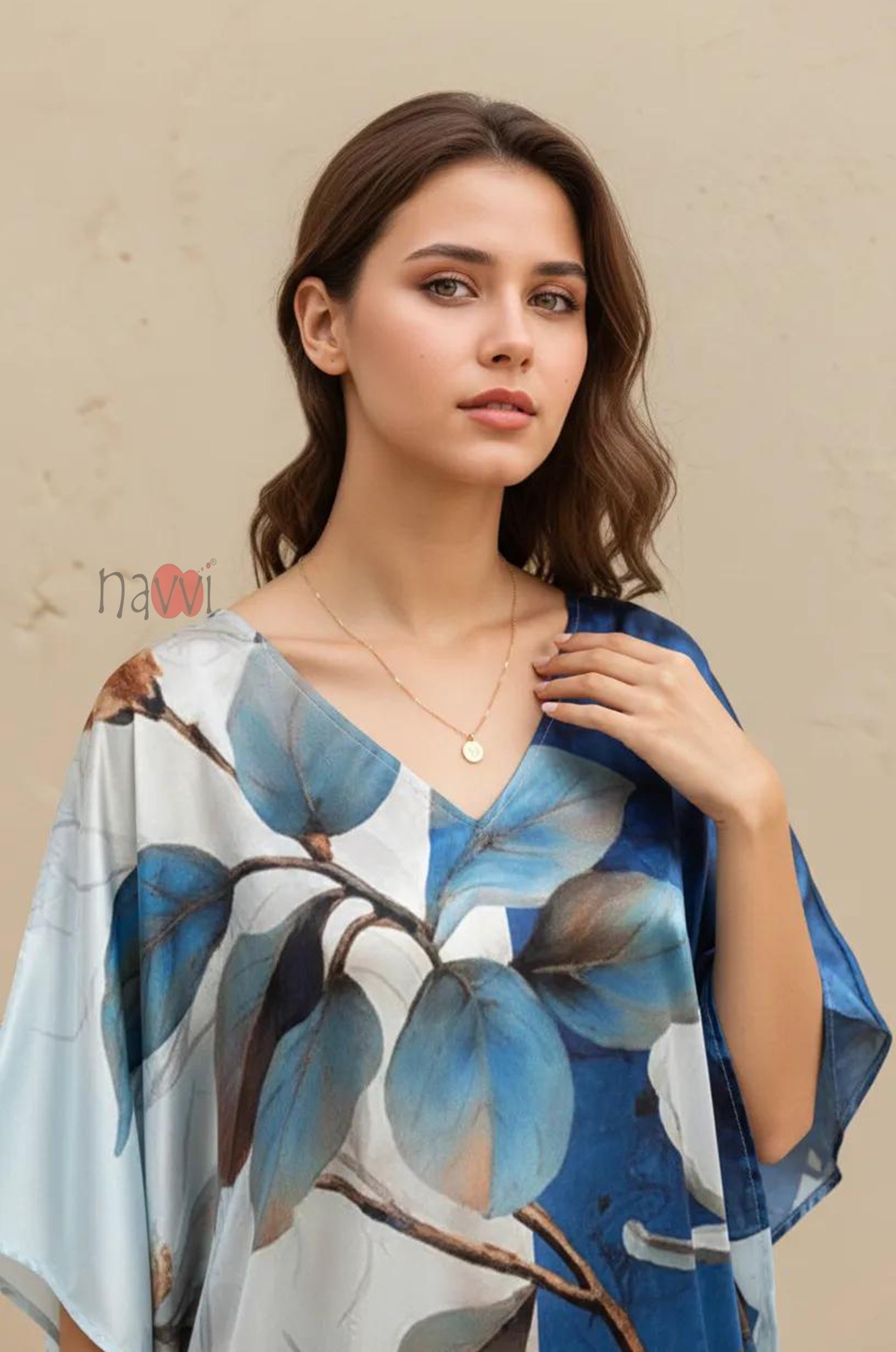 Stylish Printed V-Neck Satin Kaftan - Navvi.in