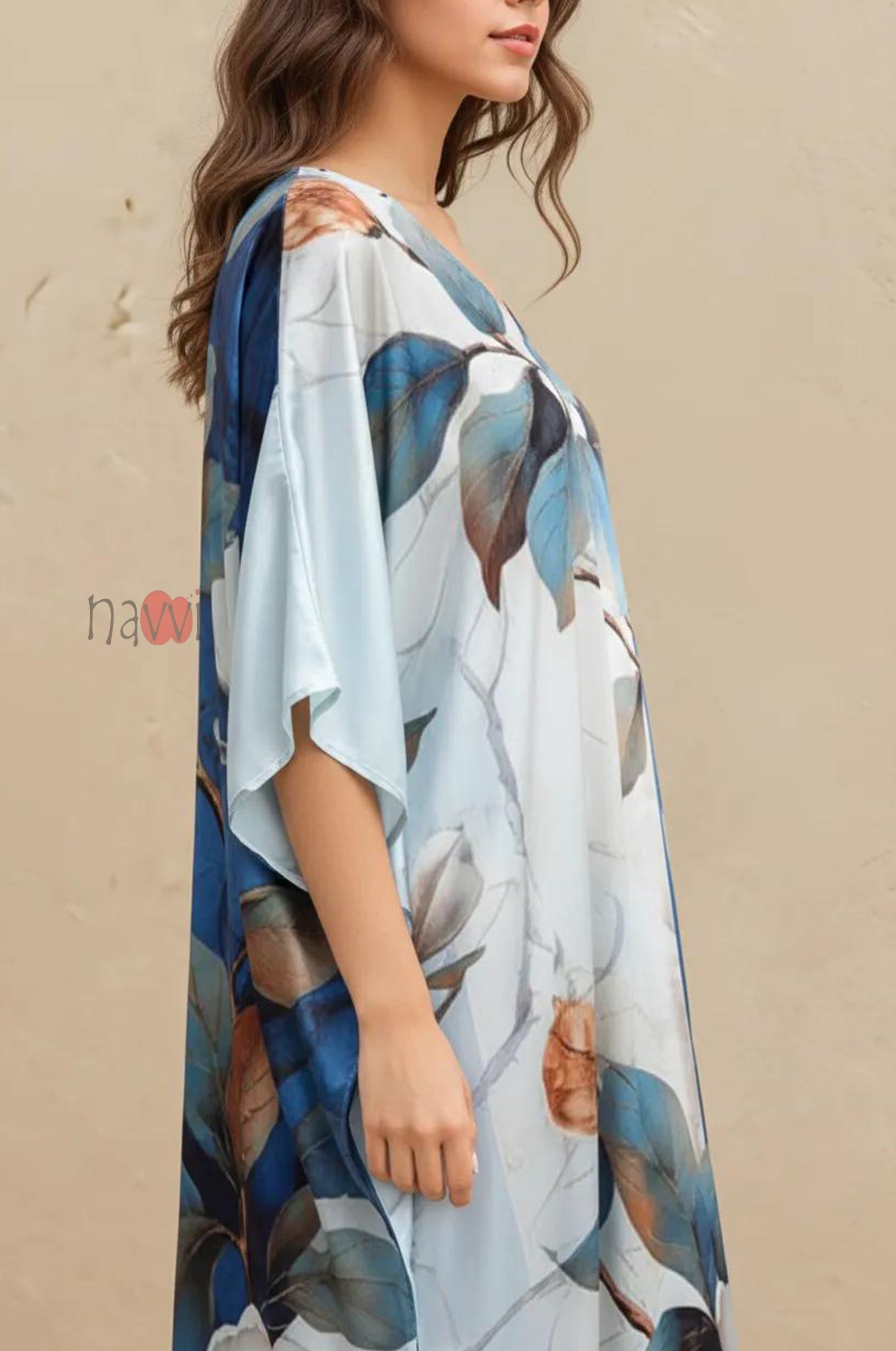 Stylish Printed V-Neck Satin Kaftan - Navvi.in