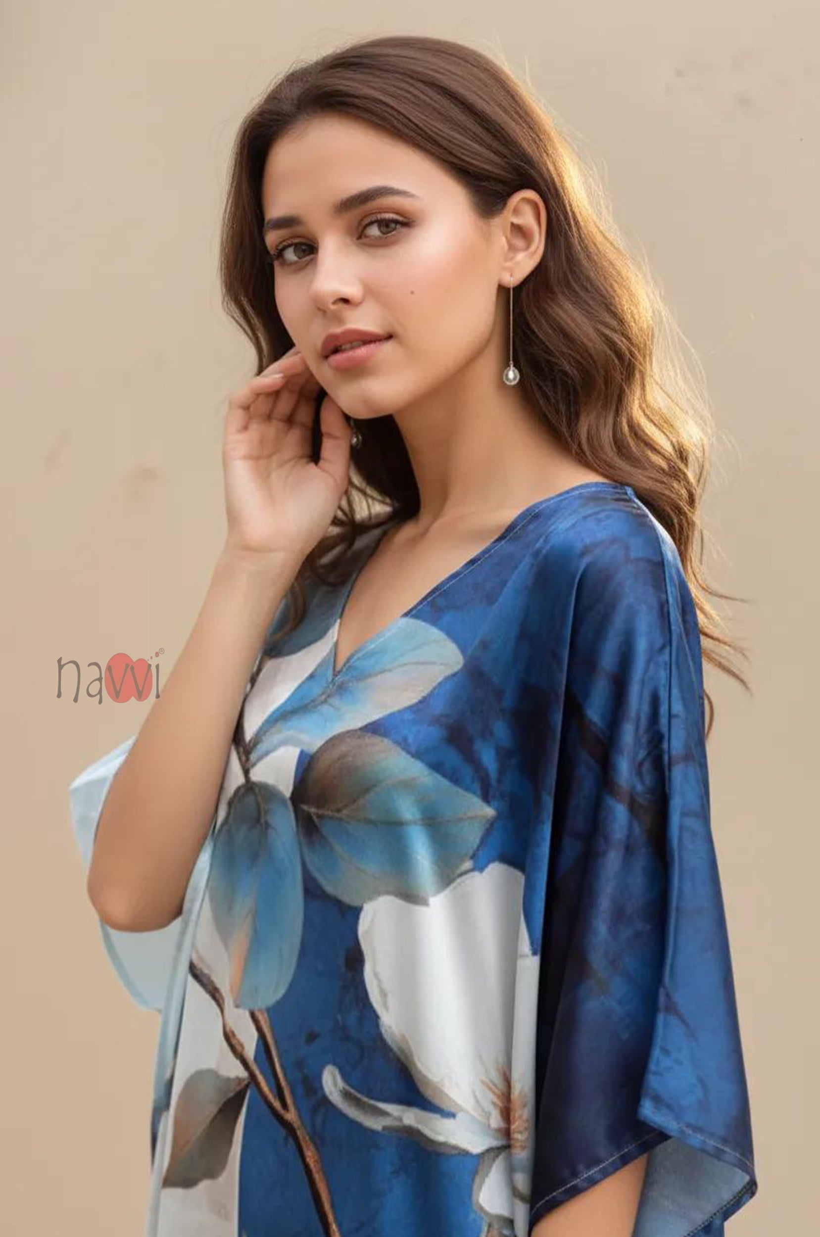 Stylish Printed V-Neck Satin Kaftan - Navvi.in