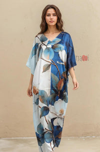 Stylish Printed V-Neck Satin Kaftan - Navvi.in