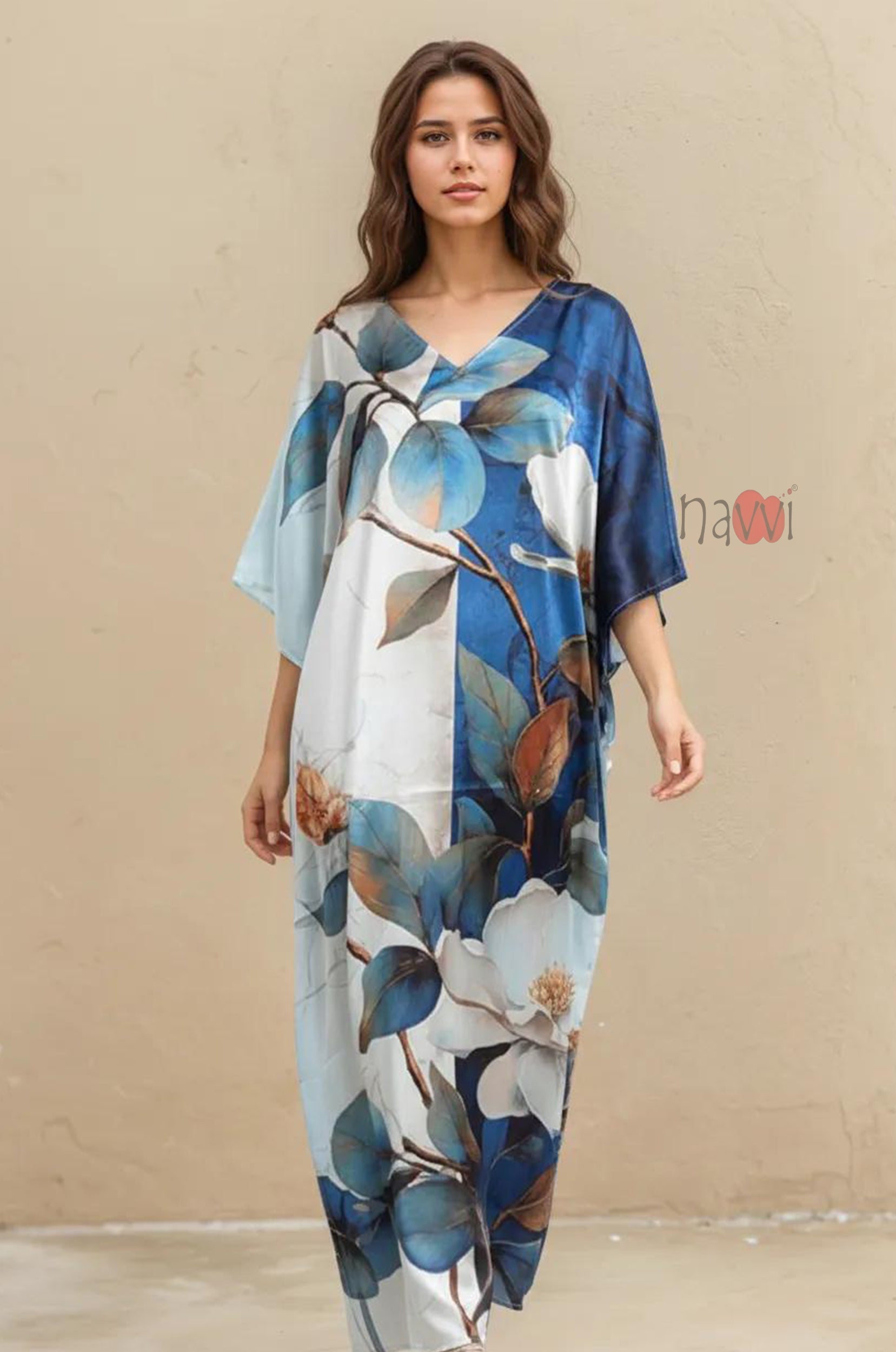 Stylish Printed V-Neck Satin Kaftan - Navvi.in