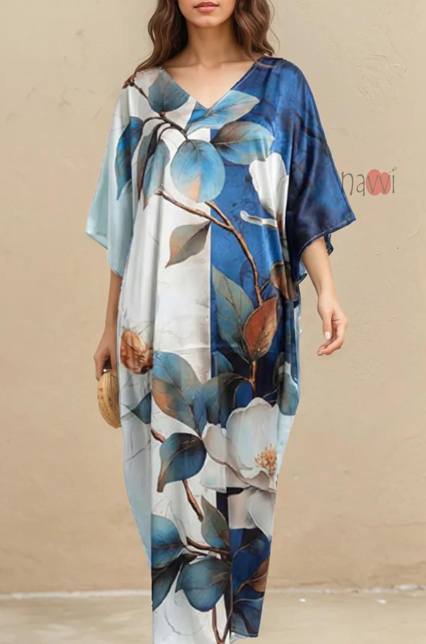 Stylish Printed V-Neck Satin Kaftan - Navvi.in