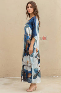 Stylish Printed V-Neck Satin Kaftan - Navvi.in