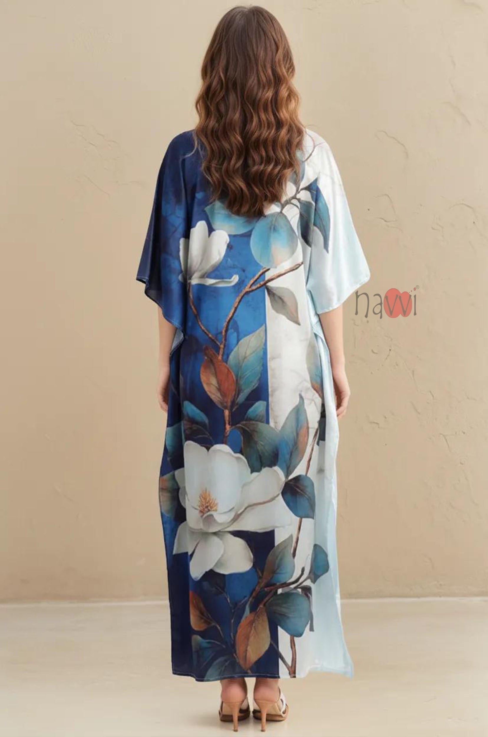 Stylish Printed V-Neck Satin Kaftan - Navvi.in