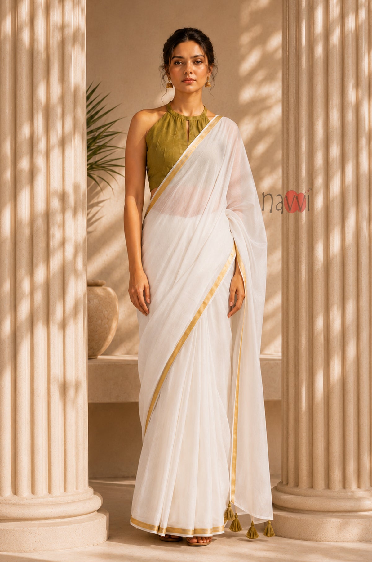 Ivory Grace Gold Border Saree - Navvi.in