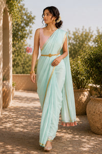 Aqua Mist Gold Border Saree