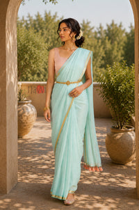 Aqua Mist Gold Border Saree