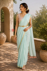 Aqua Mist Gold Border Saree