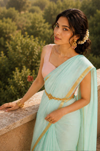 Aqua Mist Gold Border Saree