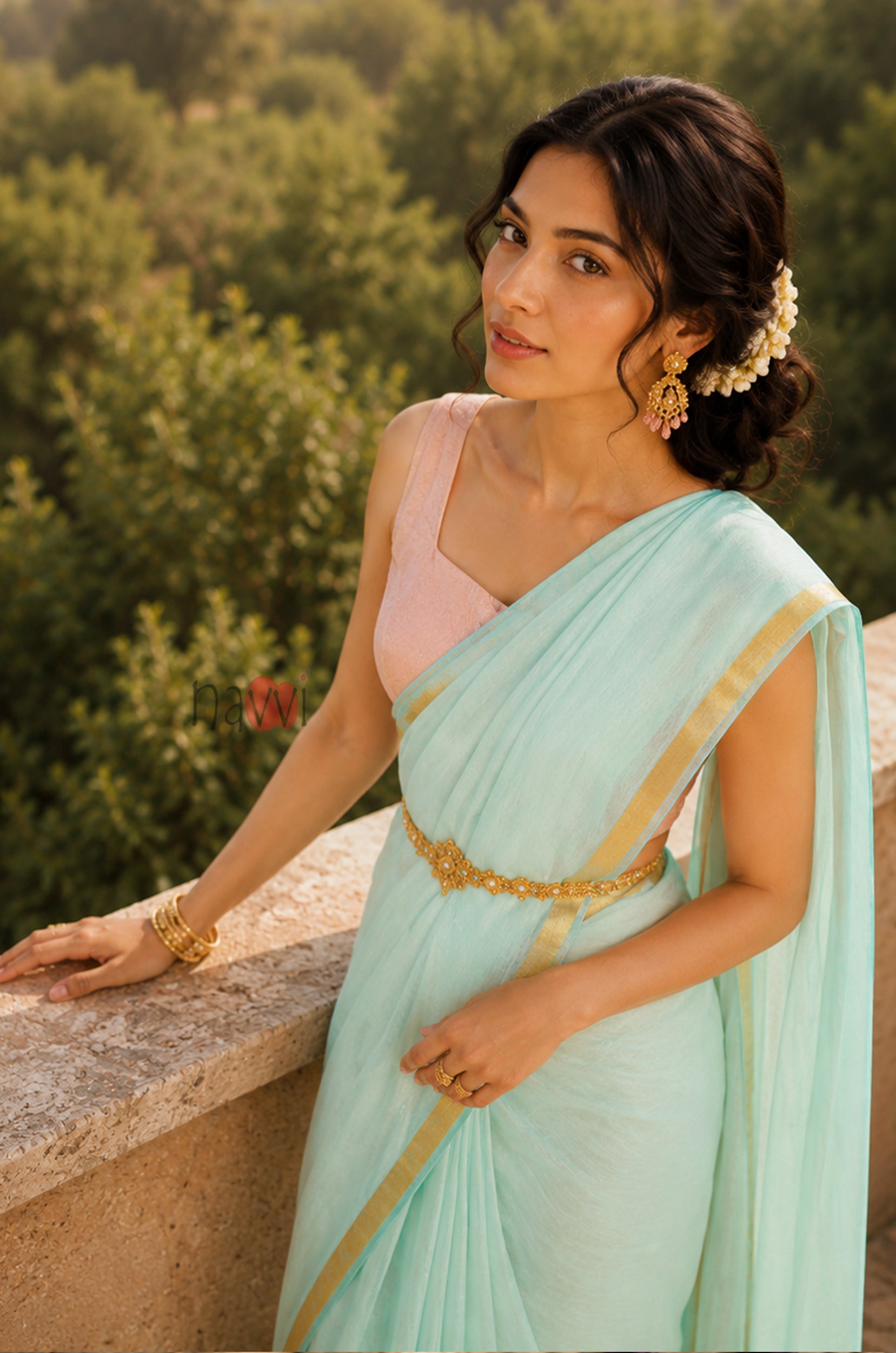 Aqua Mist Gold Border Saree