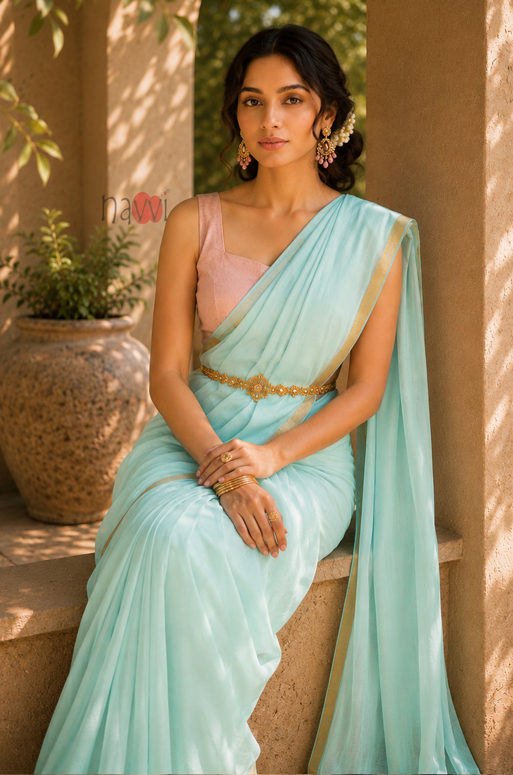 Aqua Mist Gold Border Saree