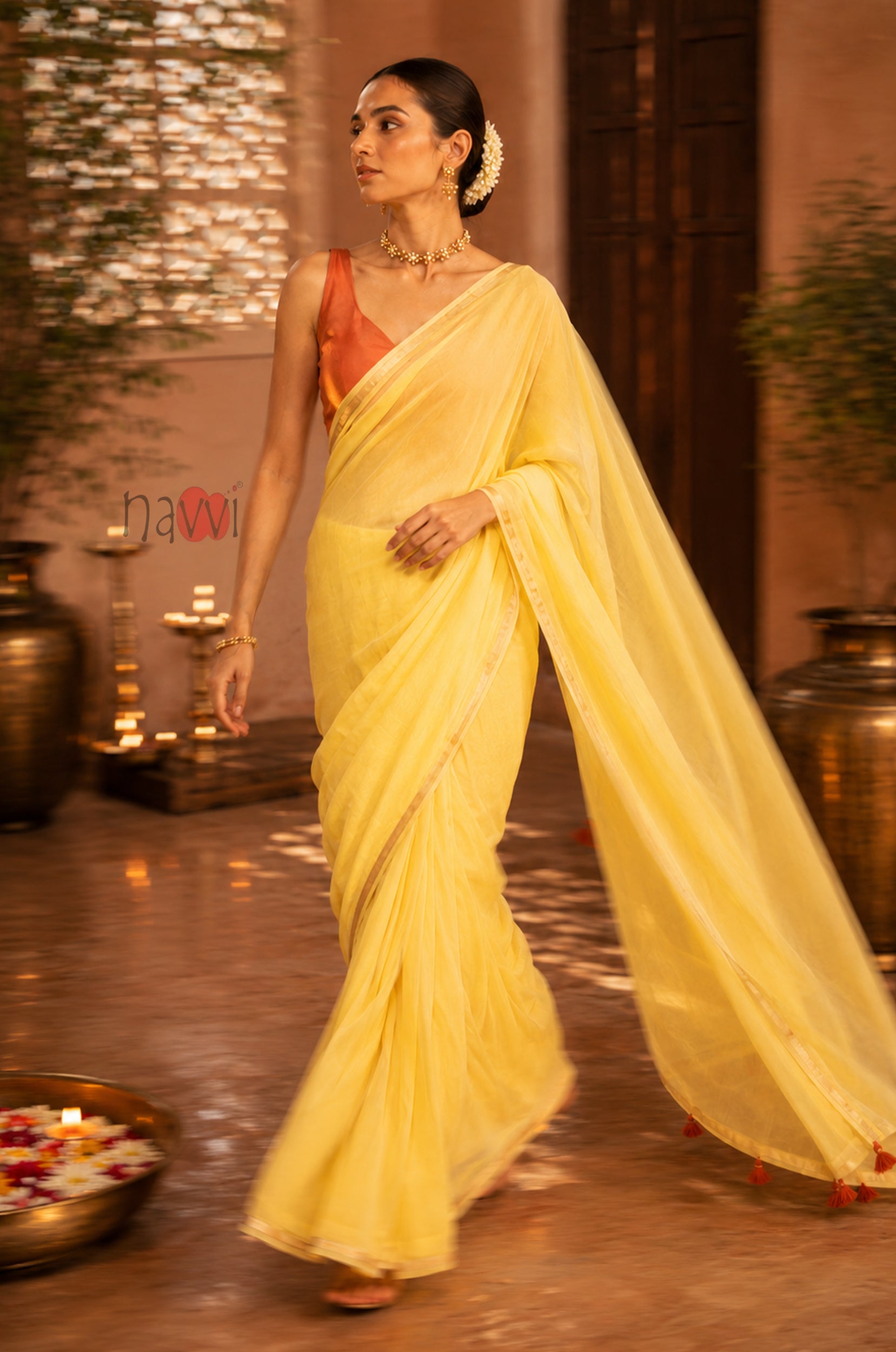 Sunlit Lemon Gold Border Saree