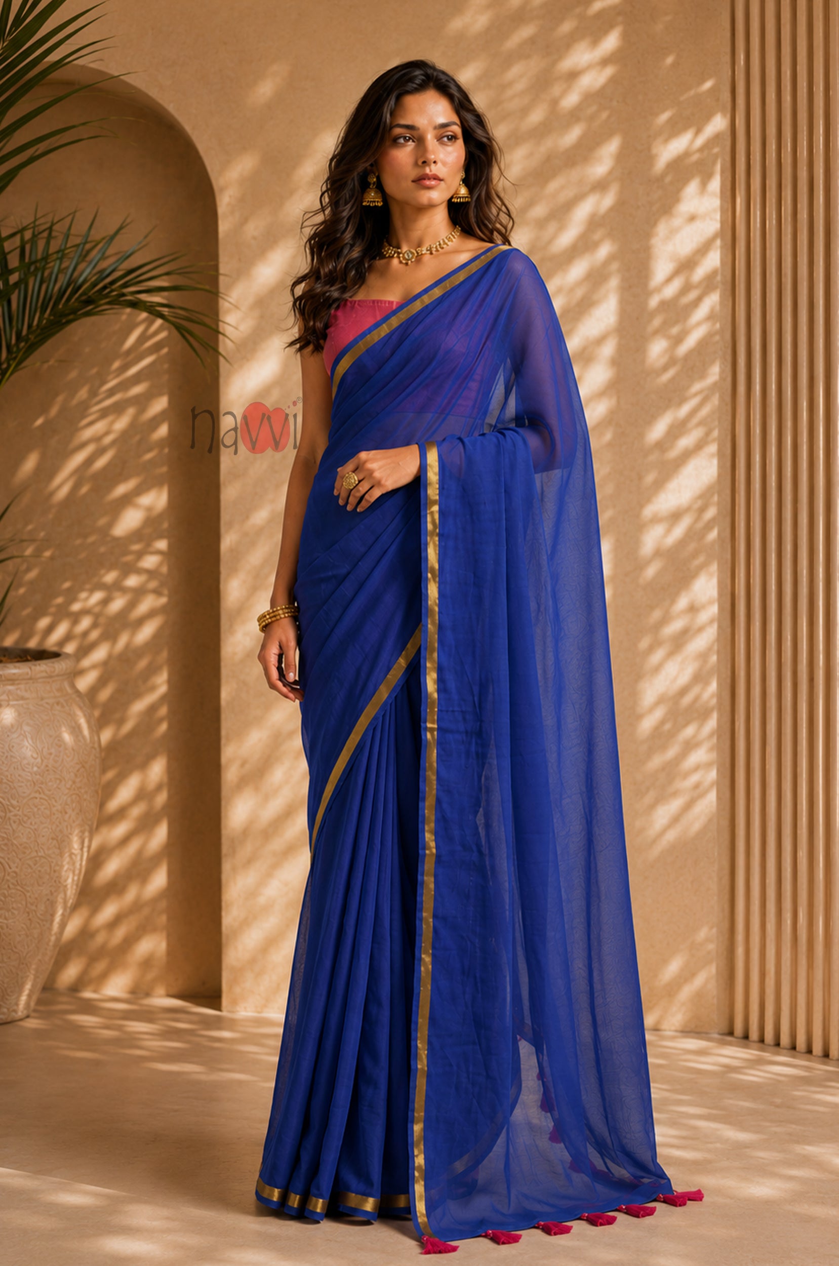 Royal Sapphire Gold Border Saree