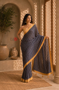 Midnight Bloom Gold Border Saree