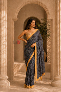 Midnight Bloom Gold Border Saree