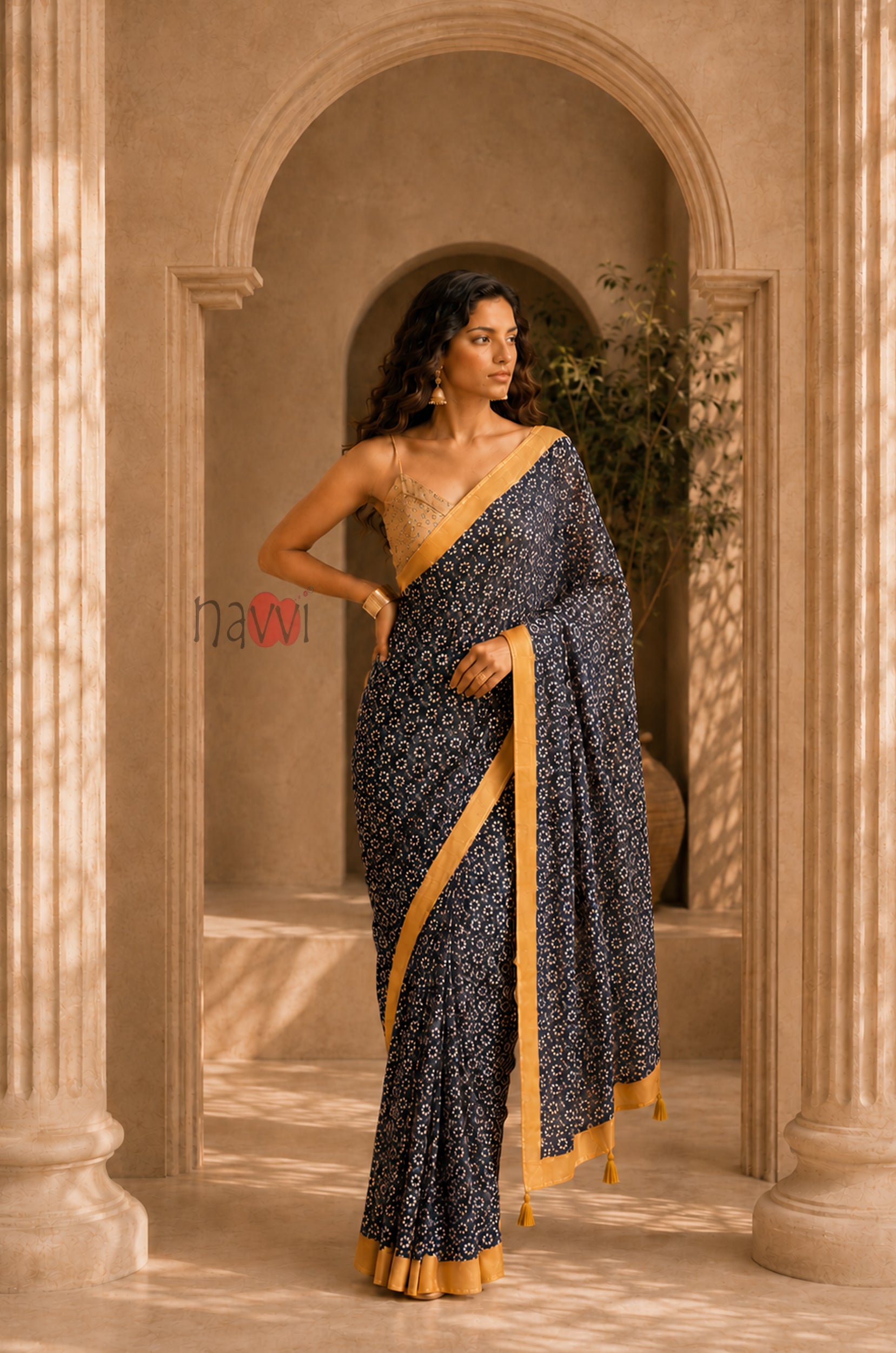 Midnight Bloom Gold Border Saree