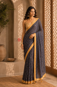 Midnight Bloom Gold Border Saree