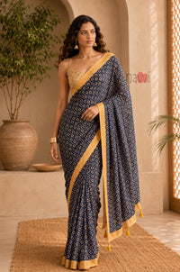 Midnight Bloom Gold Border Saree